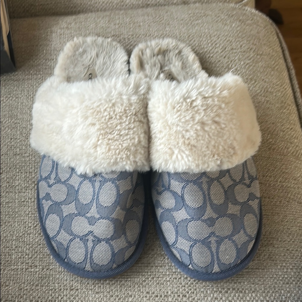 COACH Blue and Cream Fuzzy Slippers
